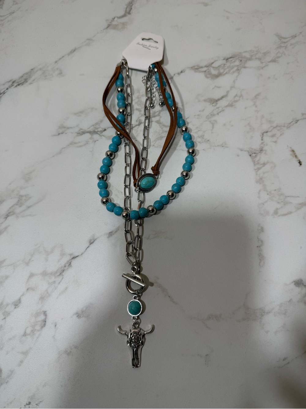 Turquoise Multi-Strand Necklace with Bull Pendant - Unbranded